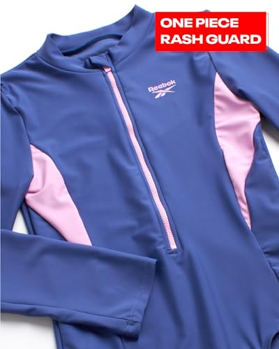 Reebok Girls' Rash Guard Bathing Suit - UPF 50+ Quarter Zip Long Sleeve One Piece Bathing Suit - Monokini for Girls (7-12)2