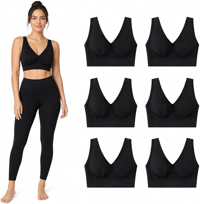 Zambo Seamless Wireless Sports Bras for Women - 6 Pack Black Everyday Comfort Yoga Bralette with Removable Pads, Full Coverage Sleep Bra Vent-picture-41