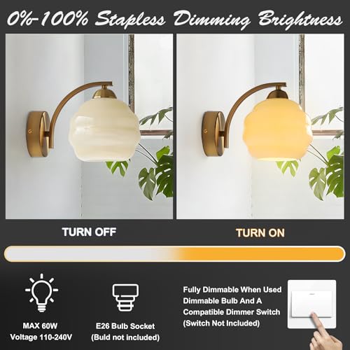 Image of Brushed Brass Wall Sconces 1 Light Mid Century Modern Antique Gold Wall Light Fixture with Yellow Globe Glass Shade Industrial Indoor Wall Lamps for Mirror Bedroom Hallway MCL13GD-1 (1 Pack)