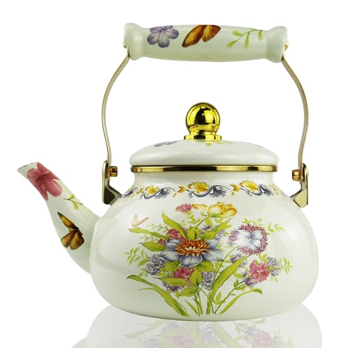 Floral Enamel Tea Kettle Vintage Teapot Colorful Boho Hot Water Bohemian Plant Flowers Print Coffee...