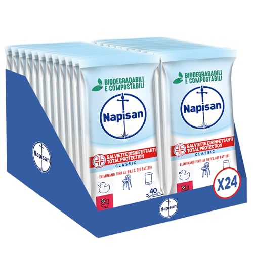 Napisan Salviette Disinfettanti Total Protection, Confezione da 24 Pacchi x 40 Salviette Disinfettanti Biodegradabili e Compostabili Multisuperfici