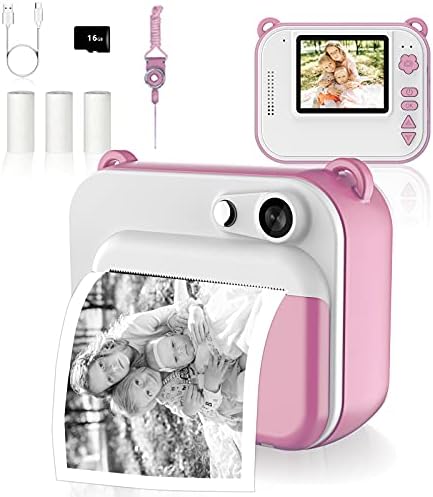 Gemgucar Kids Camera Zero Ink Print Photo Selfie 1080P Video Digital Camera Instant Print Camera with Print Paper 16GB Micro SD Card Portable Toy for 3 4 5 6 7 8 Year Old Kids (Pink)