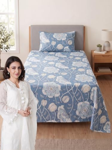 Image of Mafatlal 144 TC Fern Single Bedsheet 90 x 60 Inch | Elegant Printed Bed Cover | Soft Feel Bedding for Bedroom | Comfortable Everyday Use | Easy Wash Fabric|Aaure Blue