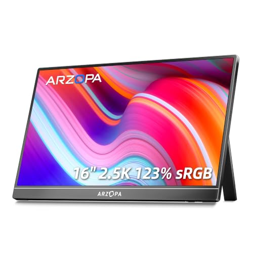 ARZOPA 2,5K Draagbare Monitor 16 Inch - 2560x1600 QHD, HDR 10-bit, 16:10 IPS - USB-C en HDMI Aansluiting, Oogbescherming - Externe Monitor voor Laptop, Mac, PC, Telefoon, PS4/5, Xbox, Switch - Z1RC