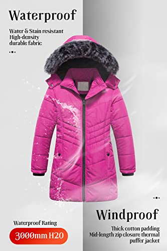 Pursky Youth Girl's Winter Coats Heavyweight Long Warm Outwear Hooded Fleece Jacket With Fur Hood Rose Red 14-16 #TOP4