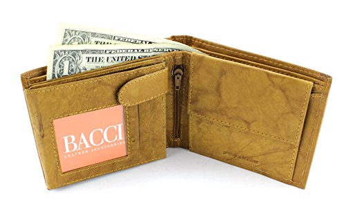Bacci Slim Bifold Wallet for Men - Genuine Leather Wallet with 1 zipper pocket, 1 coin pocket, 2 cash compartments & center flap 1 ID window - Clean stitched Mens Bifold Wallet (Tan)4