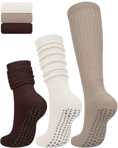 Slouch Grip Pilates Socks for Women,Grippy Socks for Yoga Barre Workout Hospital Long Scrunch Slipper Socks