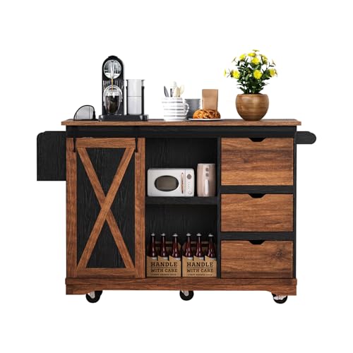 55.5" Farmhouse Kitchen Island with Drop Leaf, Barn Door, Power