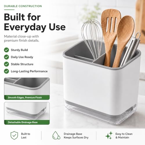 Image of Kitchen Utensil Holder with Drain Tray | Self Draining Countertop Organizer, 3 Compartment Cutlery Caddy | Detachable Water Collection Base for Spoons Forks Knives Cooking Tools (Grey)