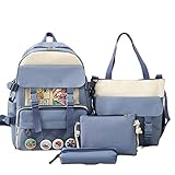 MOGSA Schulranzen-Set, 4-teilig, Damen-Rucksack, Geldbörsen, Segeltuch, Schultasche für Teenager, Mädchen, niedlich, Schulranzen, Studenten, Büchertasche, Rucksack, Handtasche, blau, nur Tasche