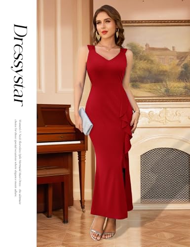 Image of Dressystar 2026 Women's V Neck Bodycon Mermaid Formal Evening Maxi Dress | Summer Wedding Guest,Cocktail Dresses for Women,Long Gown,Mermaid Split Ruffle Design ,Sleeveless,comfort and medium stretch