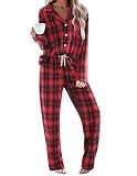 Ekouaer Pajamas Set for Womens 2 Piece Cotton Plaid Pjs Long Sleeve Sleepwear Soft Button Down Loungewear with Pockets