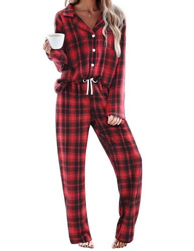 Ekouaer Womens Cotton Plaid Pajama Set 2 Piece Long Sleeve