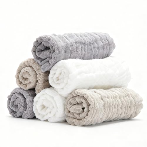 Image of Bear Rocket Organic Muslin Baby Washcloths 6 Pack Baby Bath Face Towel 12x12 Inch Extra Absorbent and Soft Burp Cloth and Wash Cloths for Newborn-Infants On Sensitive Skin (White Grey Brown)