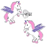 Motivgröße: 10 x 13mm Kids Glitzer Flügel Einhorn Ohrstecker 925 Echt Silber Pferde Kinder Mädchen Ohrringe (Rosa-Lila)