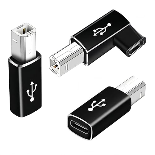 basecolors 3-Pack USB B to USB C Printer Adapter,90 Degree USB C to USB B Printer Adapter Compatible with Printers,Chromebook Pixel,Electric Piano,Synthesizers and Devices with MIDI Port.,Black