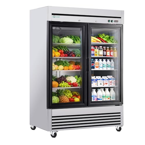 Image of COOLCHEF 54 inch Commercial Glass Door Refrigerator, 49 Cu.Ft Double-Door Reach-In Cooler, 33-40℉, Double-Layer Low-E Glass, 8 Shelves, R290
