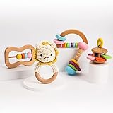 Natural Wooden Toy Classic Wood Rattle Bell Toys in 5pc Gift Box - Perfect Toddlers Boys and Girls Gift
