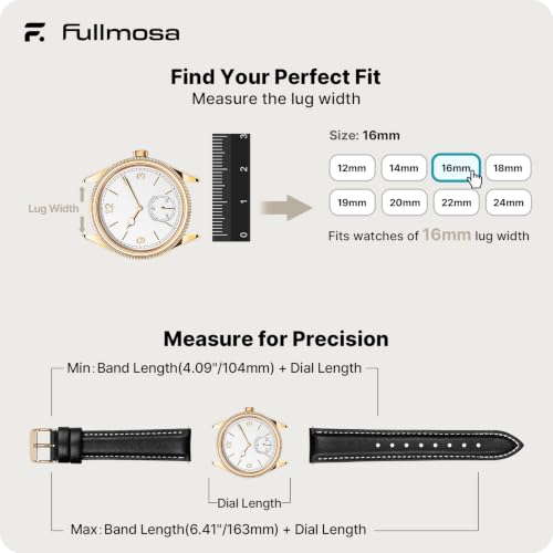 Image of Fullmosa 16mm Quick Release Leather Watch Band | Traditional Smartwatch Replacement Strap for Women Formal Daily Commute, Black&Rosegold Buckle