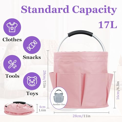 Image of 2Pcs 17L College Shower Caddy for Women, Bathroom Cleaning Caddy with Handle, 600D Oxford Fabric Cleaning Supplies Bucket, Multifunctional Storage Basket for Dorm, Family, Pink + Transparent