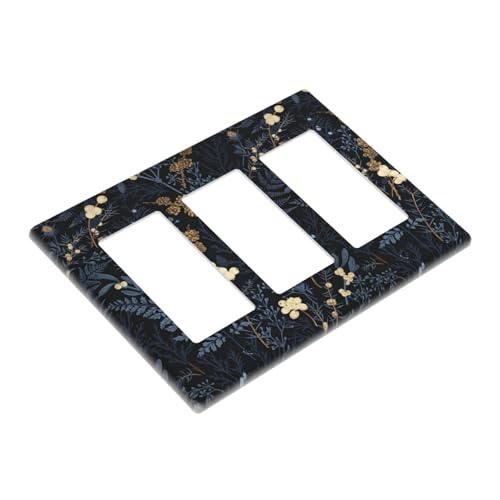 Decorative Outlet Covers Rustic Navy Dark Blue Leaves Golden Floral 3 Gang Outlet Cover Wall Plate Triple Rocker Light Switch Cover Plate Switch Plate Covers for Bedroom Home Decor