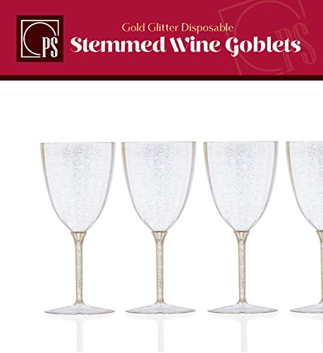 Posh Setting [8 Pack - 7 Oz] Disposable Plastic Wine Glasses Gold Glitter Stemmed Plastic Wine Glasses Fancy Plastic Wine Cups For Parties, Weddings, And Dining Durable Reusable Wine Goblets #TOP3