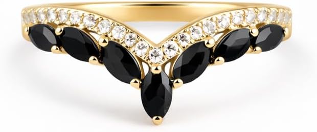 Black Marquise Onyx Ring 14K Solid Yellow Gold V Shaped Wedding Band with Diamond Accents Minimalist Crown Stacking Ring for Women Statement Fine Jewelry Gift