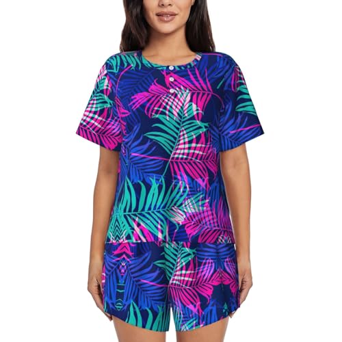 Pyjama 2 pièces femme manches courtes imprimé feuilles amples
