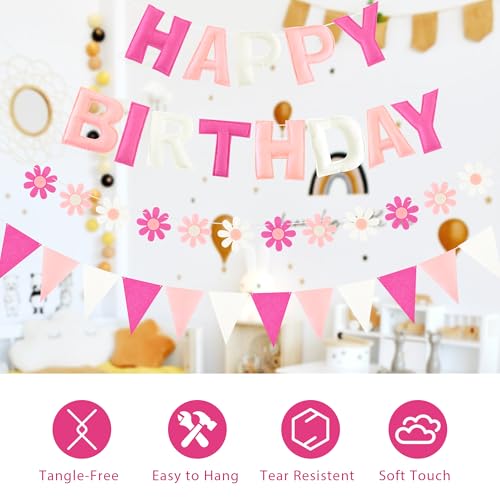 Image of CANREVEL Pre-Strung 3D Happy Birthday Banner, 3 PCS Happy Birthday Felt Garland, Pom Pom Garland, Triangle Fabric Garland Bunting, Reusable Birthday Decorations for Women Men Girls Boys, Pink Flower