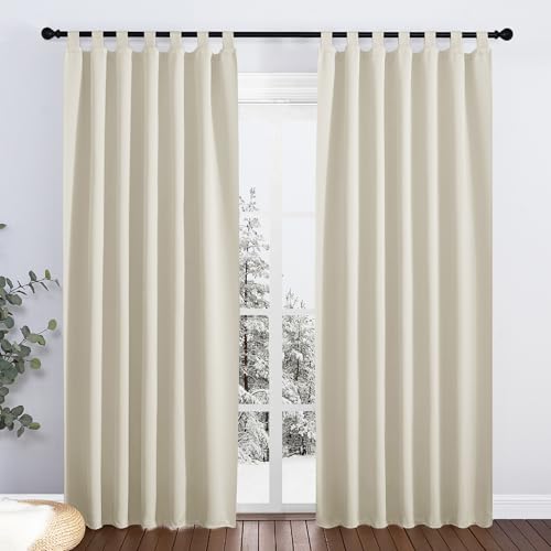 PONY DANCE Tab-Top Curtains Set of 2 - Opaque Thermal Blackout for Children's Room, Girls - Light Beige (H 220 x W 140 cm)