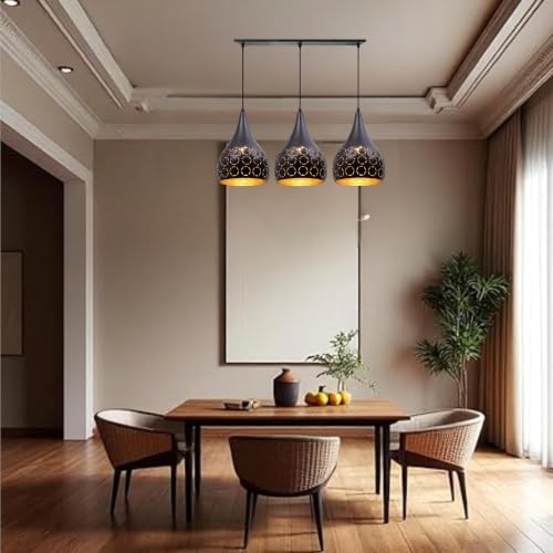 Image of GreyWings Black Aluminium Hanging Light, 3 Pendant Ceiling Lamp for Dining Room, Make in India, E27 Holder, 220V, Bulb Not Included, Linear Set