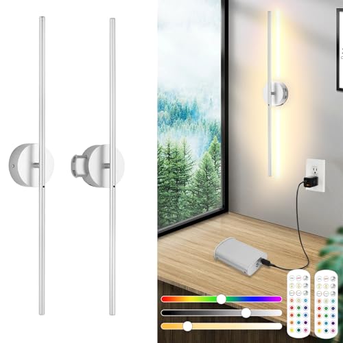 Image of 8000mah Detachable Battery Operated Wall Sconces Set of two, 32 Inch Rechargeable Wall Sconce With Remote & Touch, RGB 15 Colors Dimmable Wireless lamp for Bedroom, Living Room, Hallway Decor, Silver
