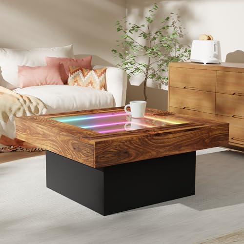 Infinity Mirror Light Coffee Table for Living Room, Rustic Wood LED Coffee Table, Modern Square Center Table with Music Sync Lights (Rustic Brown+Black, 31.5