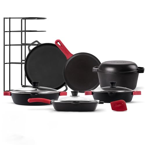 Image of Cuisinel Cast Iron 18-Piece Preseasoned Cookware Set: 10 inch+12 inch Skillets w /Lids + 5-Qt Dutch Oven + 10.5 inch Square Grill Pan w /Lid + Pizza Pan + Round Griddle + 15 inch Organizer +Scraper + Silicone Handle