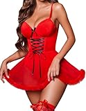 Avidlove Christmas Lingerie Dress for Women Bodysuit Lingerie Teddy Sexy Santa Lingerie Outfit One Piece Lace Babydoll (Red, L)