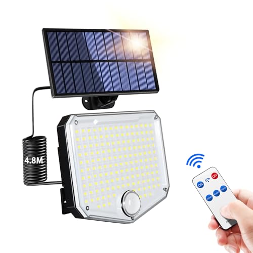 Luz Solar Exterior Jardin, 153LED/3 Modos Luz Solar Exterior con Sensor de Movimiento IP65 Impermeable Lampara Solar con Mando a Distancia, Focos Led Solares con Cable de 4.8M