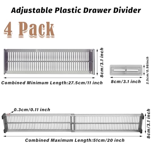 4 Stück Schubladenteiler, Verstellbarer Organizer aus Kristallklar Acryl, Höhe 8cm (27.5-51cm Länge), Inkl. Seitenteile & Anti-Rutsch Pads, Für Küche, Bad, Büro, Schlafzimmer (Transparent Schwarz)