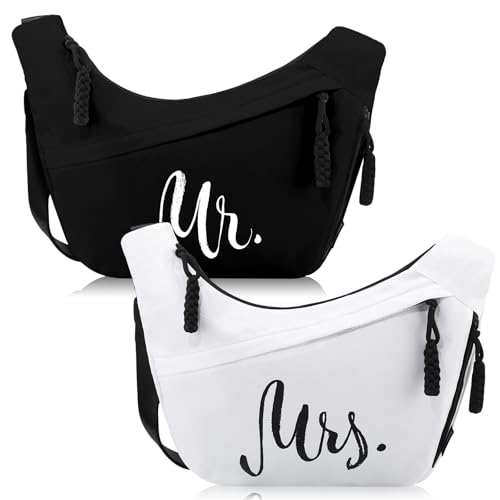 2 Pcs Wedding Gift Mr Mrs Crescent Bag Mr Mrs Travel Sling Crossbody Bag with Adjustable Strap for Bride Groom Couple Bridal Shower Engagement Bachelorette Party Honeymoon Gifts, Black White