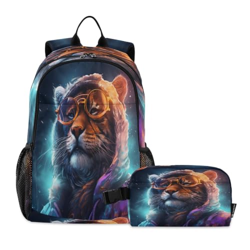 Sac d'école garçon avec sac à lunch étanche Cool Tiger bleu space pour alléger le dos