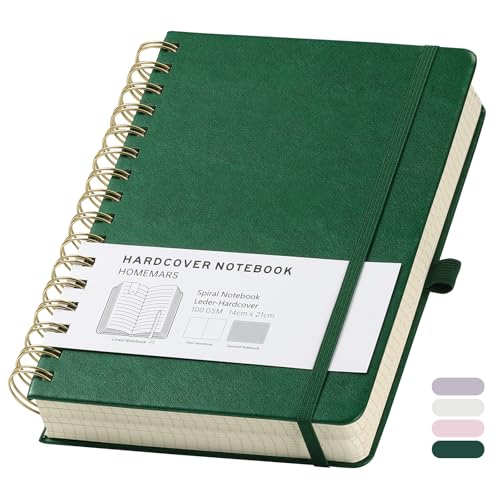 HOMEMARS Cuaderno de Puntos A5, Bullet Dot Journal,bloc de notas A5, Cuaderno de espiral, 300 Páginas, 100 g/m², 14,8 cm x 21 cm, Verde, Cubierta de Cuero, Trabajo y Oficina.Dotted