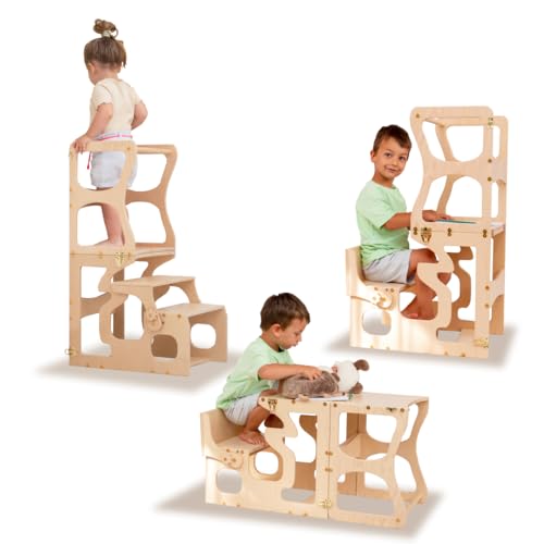 Image of 2-in-1 Transformable Toddler Tower & Desk Set | Toddler Helping Tower with Shapes Cutouts