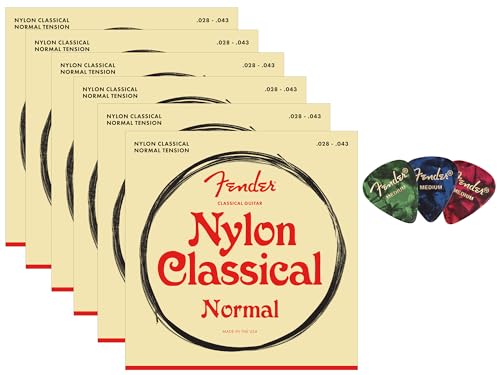 Fender Nylon Classical Strings - Tie End 6-Pack Bundle with 3-Pack Picks