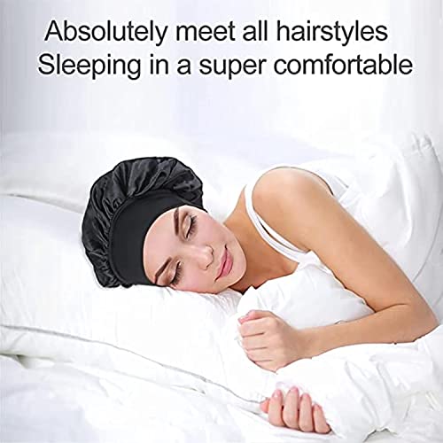 Image of Satin Bonnet Sleep Cap with Wide Elastic Band Silk Wrap Soft Headwear Sleep Cap for Women Girls Curly Hair