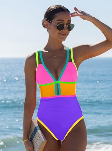 Image of popvil Women One Piece Swimsuit 2026 Tummy Control Sexy Cutout Neon Color Block Bathing Suit Slimming Adjustable Swimwear