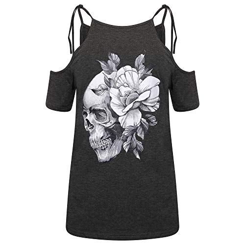 Ro Rox Piper Cold Shoulder Totenkopf Blumen Goth Punk-Stil T-Shirt Top - Schwarzweiss-Schädel und Rosen (L) Cover