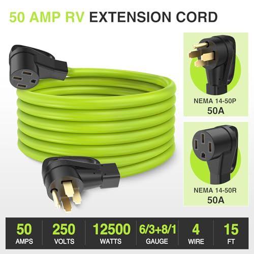 Image of Nilight 15FT 50 Amp RV Extension Cord 250V Heavy Duty 6 /3+8 /1 Gauge Pure Copper STW Wire UL ETL Listed 4 Prong 14-50P 14-50R Weatherproof Suit for EV Trailer Campers Bright Green