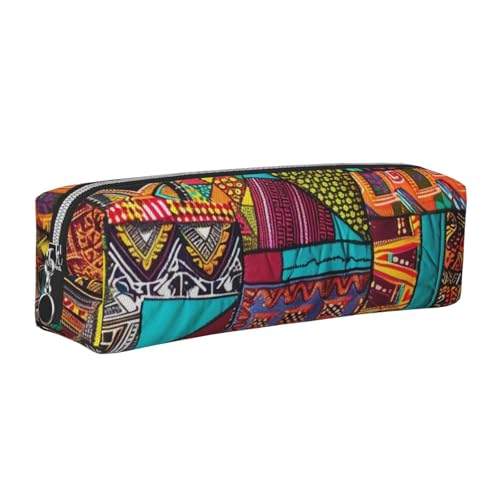 kkvhhyuo African Textile Patchwork Print Print Leather Pencil Case Portable Stationery Bag Pencil Pouch Slim Design Pen Bag with Silver Zipper Pocket Size for or Student Office College Middle School