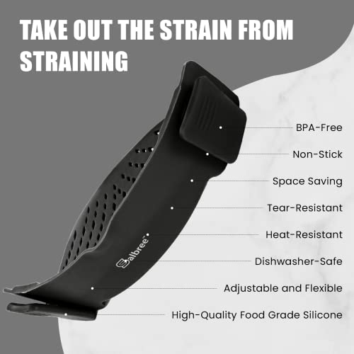 Clip-On Kitchen Food Strainer For Spaghetti, Meat, Pasta, & Ground Beef Grease, Colander & Sieve Snaps Or Clip On Bowls, Pots & Pans. Includes Silicone Strainer Drainer, Brush & Garlic Peeler (Black) #TOP2