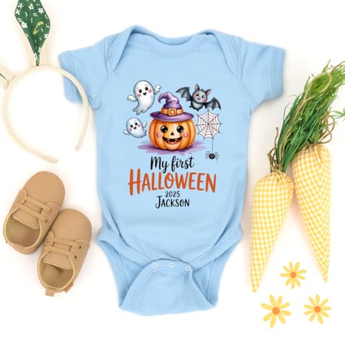 Personalized My First Halloween Baby Romper, 2025 Pumpkin Ghost Bodysuit for Boys Girls, Cute Fall Baby Outfit3