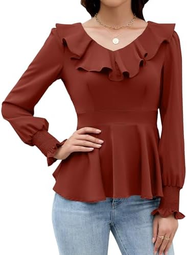 Womens Dressy Casual Blouses Long Sleeve V Neck Ruffle Tops Ladies Fall 2025 Work Shirt